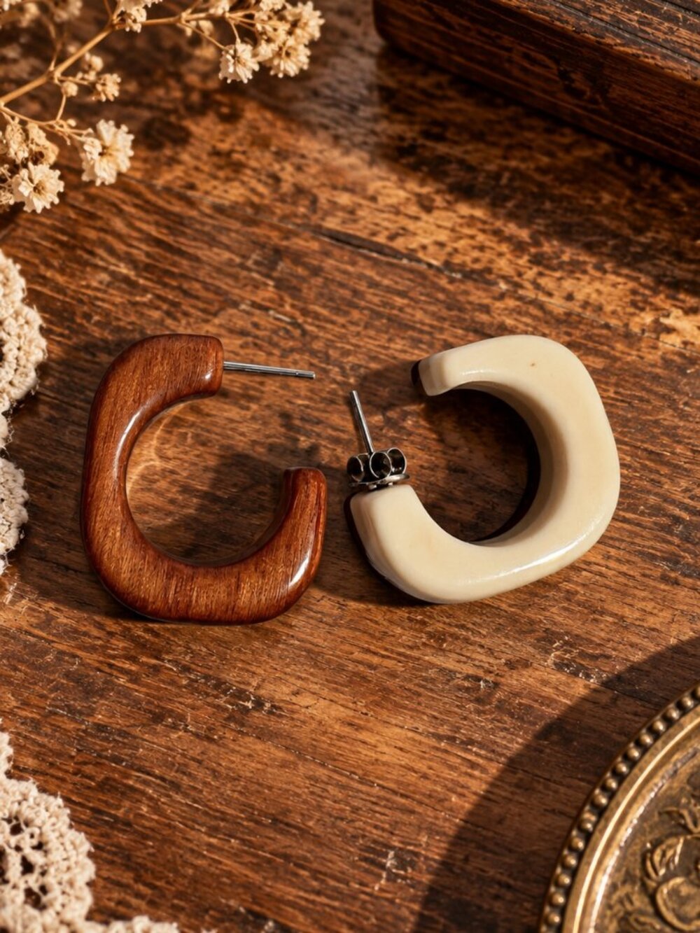Chunky Two-Tone Cream & Wood Hoop Earrings